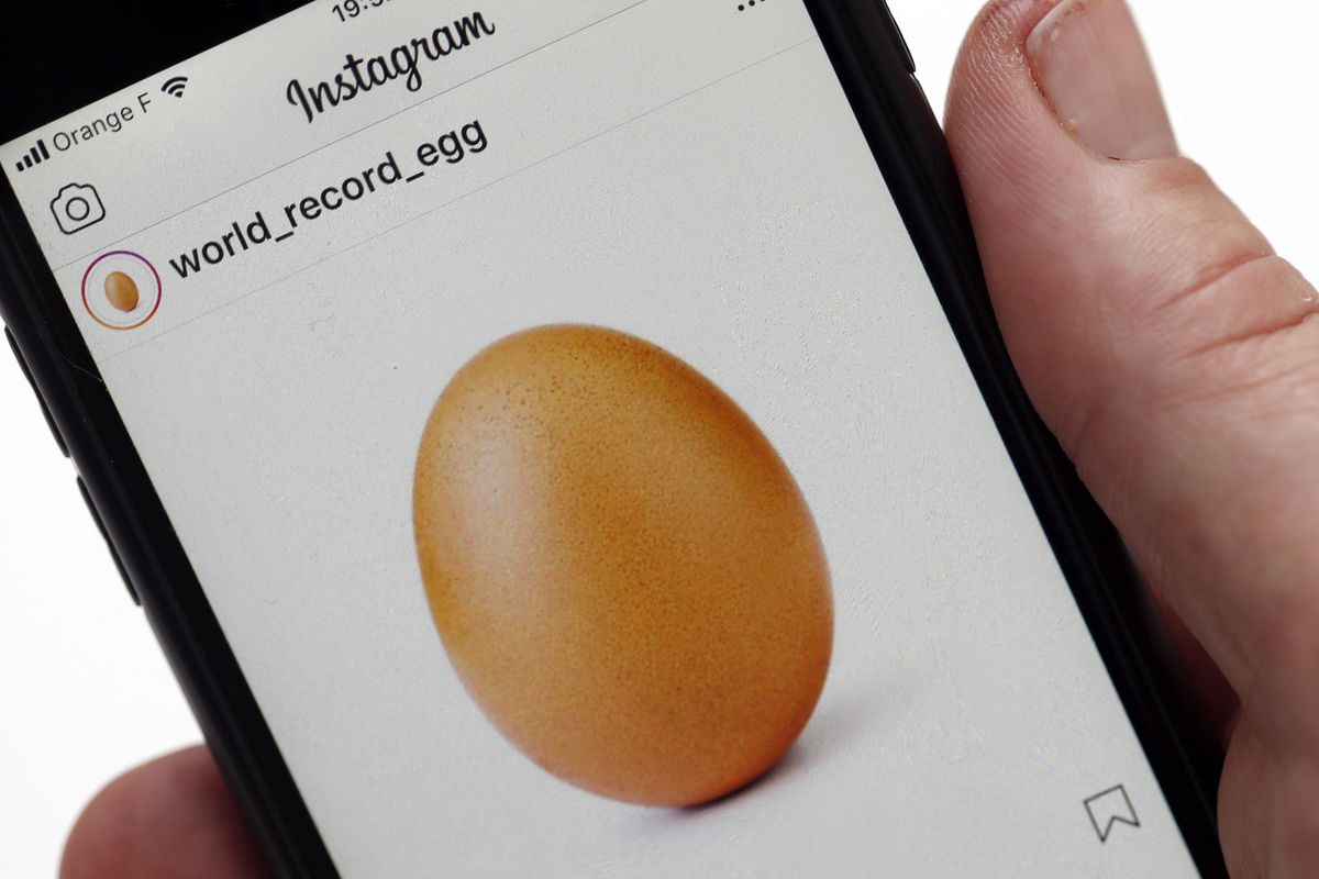 A hand holding a mobile phone displaying a picture of a brown hen’s egg.