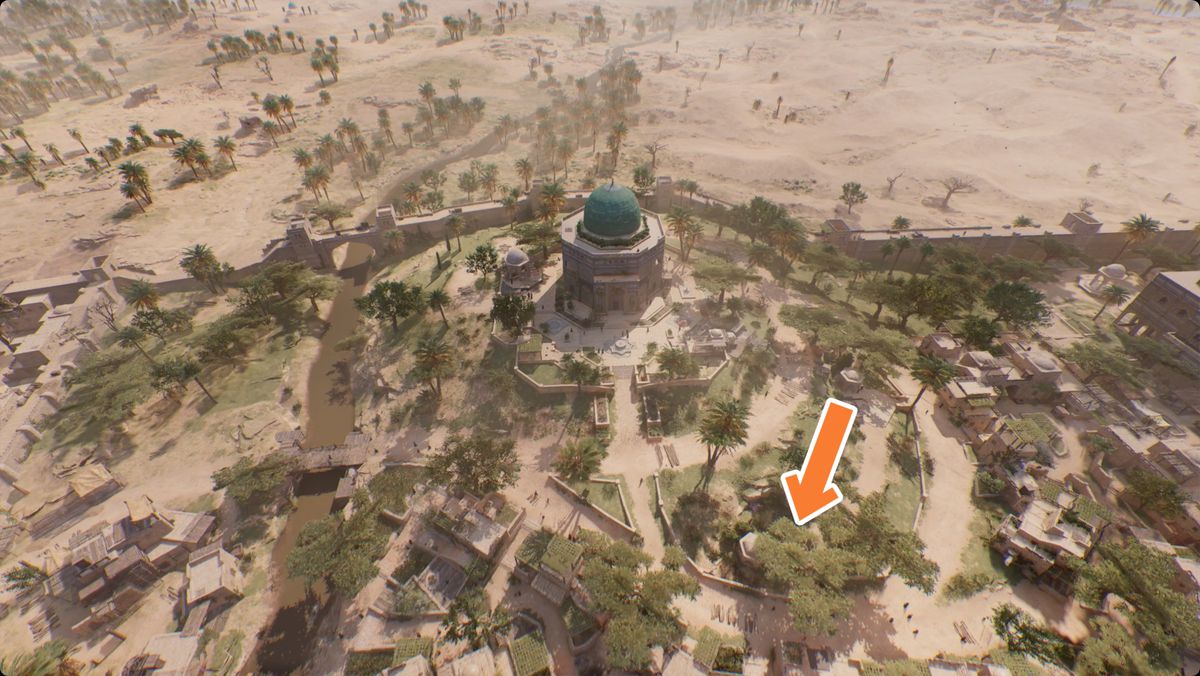 Assassin’s Creed Mirage overhead shot showing the location of the Delight by the Dome treasure