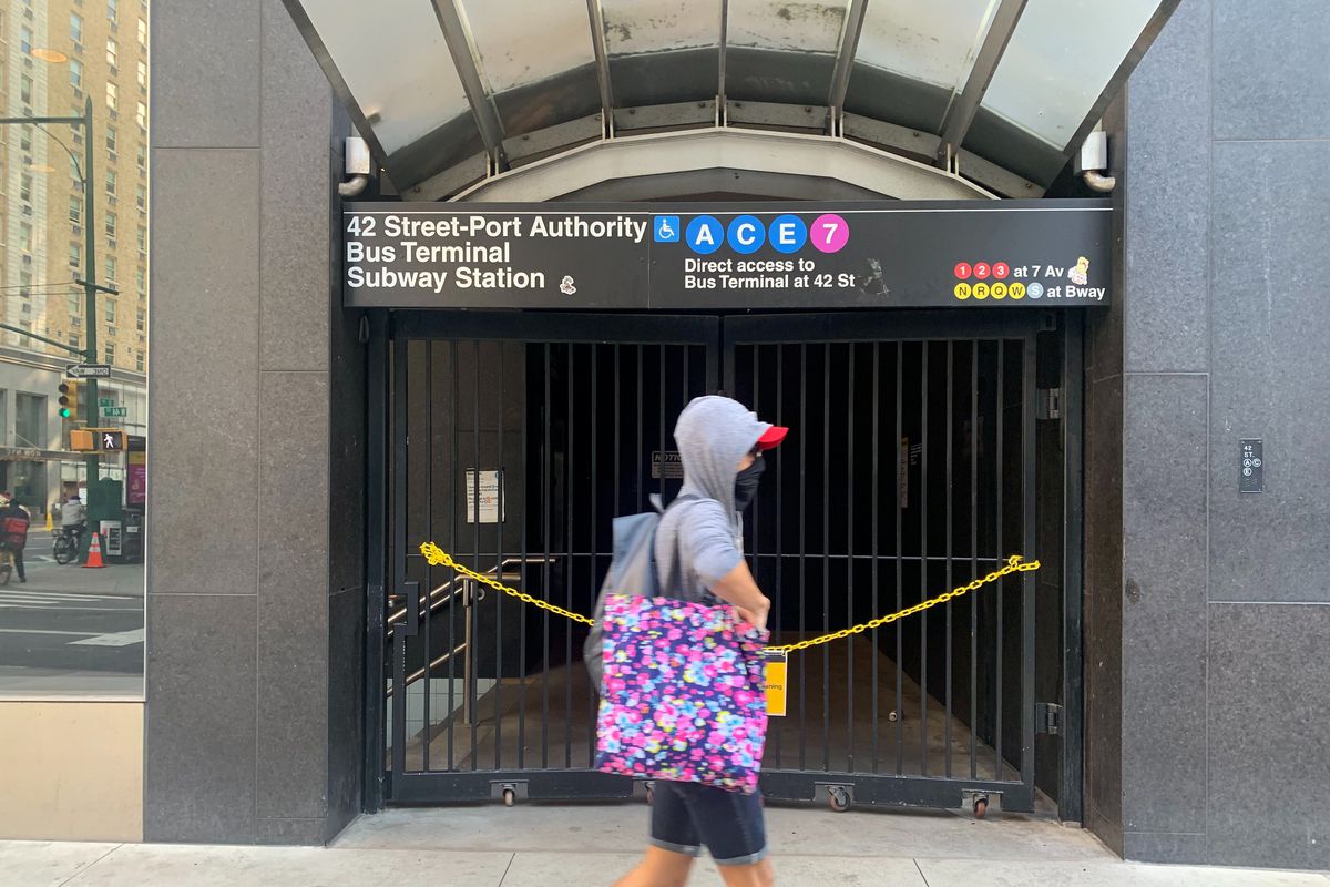 A privately maintained subway entrance near the Port Authority remains closed, Sept. 18, 2020.