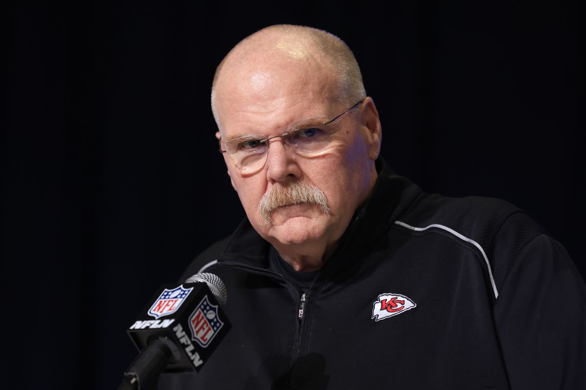 Head coach Andy Reid of the Kansas City Chiefs speaks with the media during the NFL Combine at Lucas Oil Stadium on February 28, 2023 in Indianapolis, Indiana.