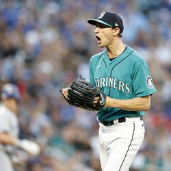 SEATTLE, WASHINGTON - JULY 08: George Kirby #68 of the Seattle Mariners reacts during the fourth inning against the Toronto Blue Jays at T-Mobile Park on July 08, 2022 in Seattle, Washington.