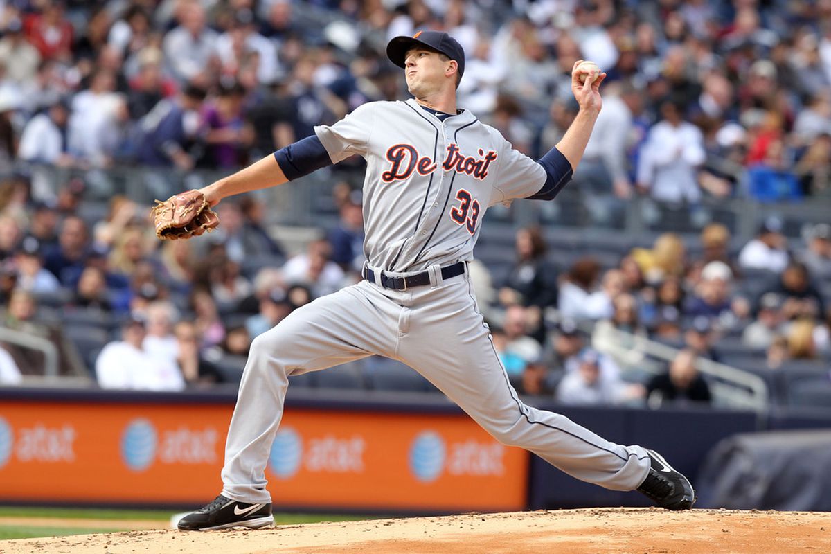 Apr 28, 2012; Bronx, NY, USA; Detroit Tigers starting pitcher Drew Smyly delivers a pitch during the first inning of a game against the New York Yankees at Yankee Stadium. Mandatory Credit: Brad Penner-US PRESSWIRE