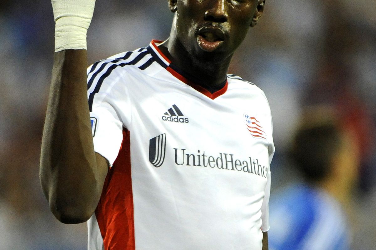 July 18th, 2012; Montreal, QC, Canada; New England Revolution forward Saer Sene (39) reacts to an official during the first half  against the Montreal Impact at the Stade Saputo.  Mandatory Credit: Eric Bolte-US PRESSWIRE