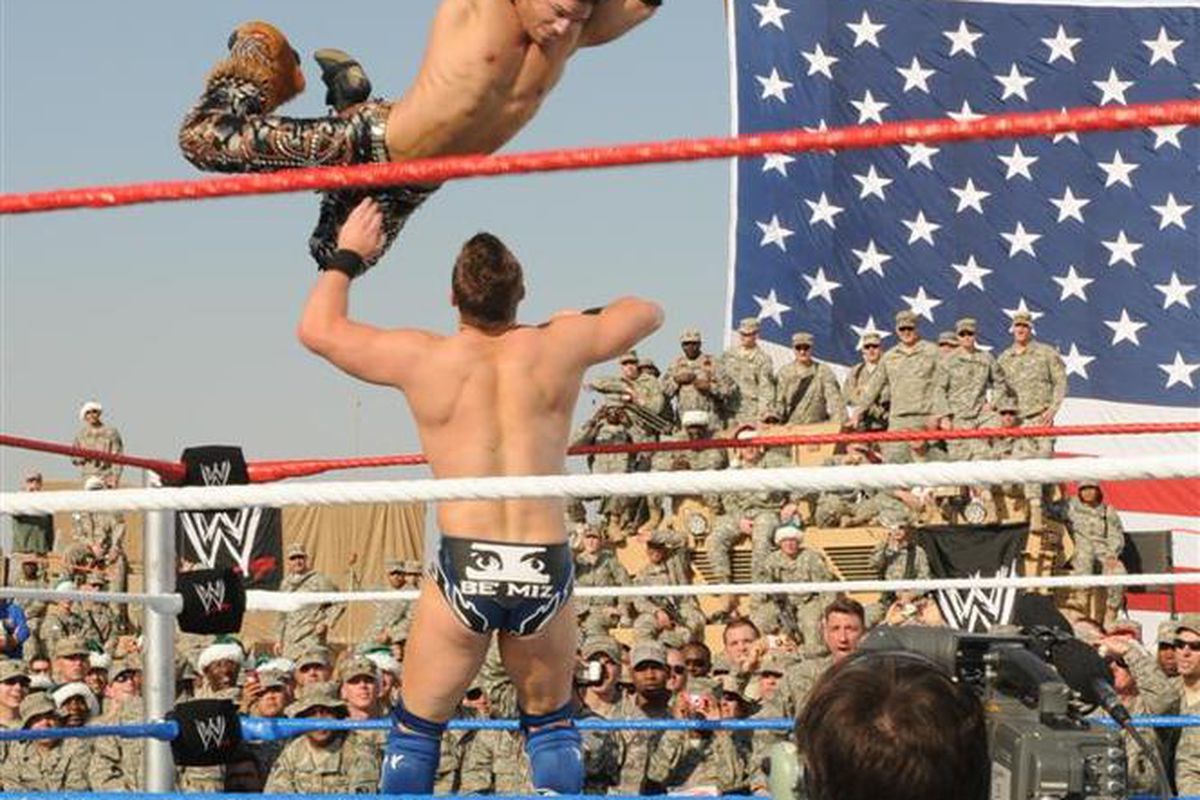 John Morrison is taking a risky strategy by returning before his neck has fully healed.  (Photo via <a href="http://upload.wikimedia.org/wikipedia/commons/a/a1/John_Morrison_and_The_Miz_%28Dec_2009%29.jpg">Sgt. Ryan Twist</a>)