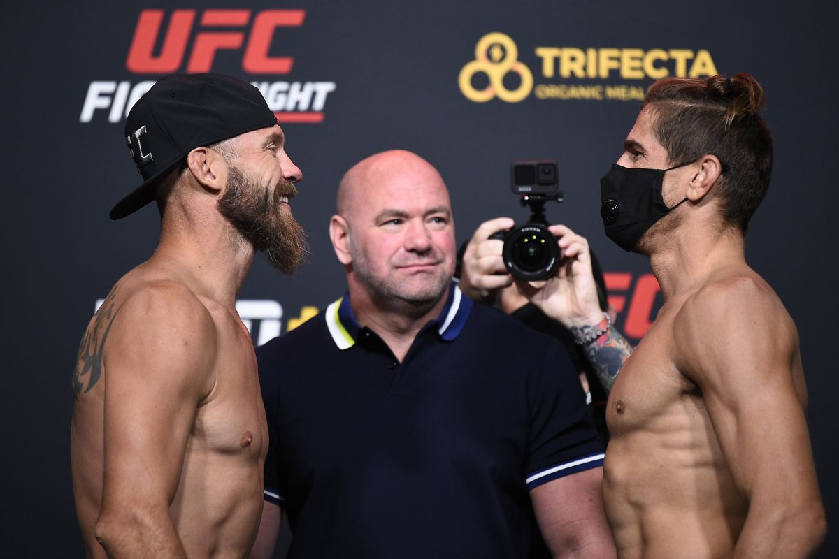 Donald Cerrone and Niko Price face off during the UFC Fight Night weigh-in at UFC APEX on September 18, 2020 in Las Vegas, Nevada.