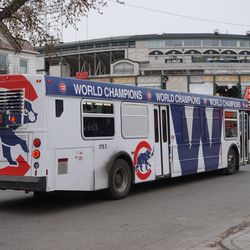 Caught the special CTA Cubs bus on Addison Street, approaching Wrigley Field