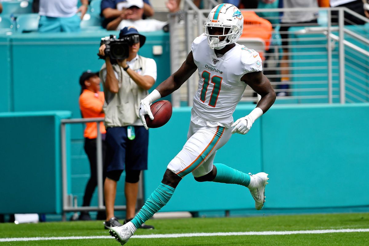 Miami Dolphins wide receiver DeVante Parker scores a touchdown during the first half against the Los Angeles Chargers at Hard Rock Stadium.