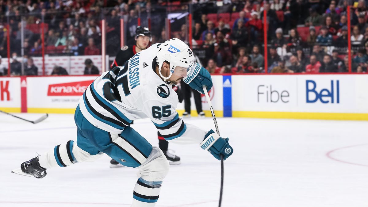 Erik Karlsson #65 of the San Jose Sharks shoots the puck on net during the third period against the Ottawa Senators at Canadian Tire Centre on December 03, 2022 in Ottawa, Ontario, Canada.