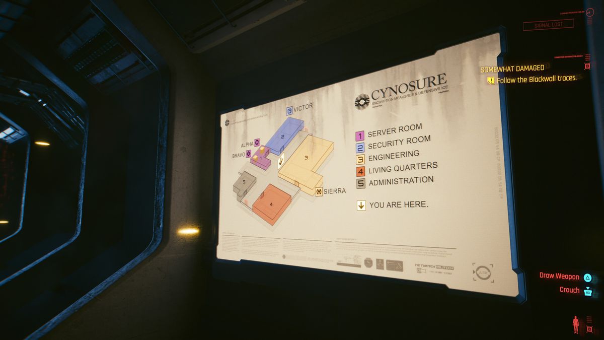 A map of the Cynosure Militech complex, as seen in the “Somewhat Damaged” mission of Cyberpunk 2077: Phantom Liberty.