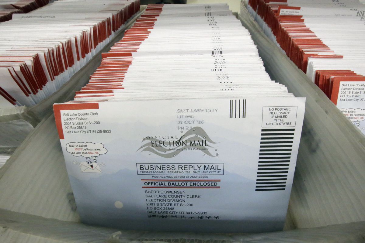 Mail-in ballots for the 2016 General Election are shown at the elections ballot center at the Salt Lake County Government Center Tuesday, Nov. 1, 2016, in Salt Lake City.