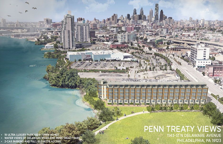 A rendering reveals a 19-townhome community on a 1.5-acre parcel along the Delaware River Waterfront. 