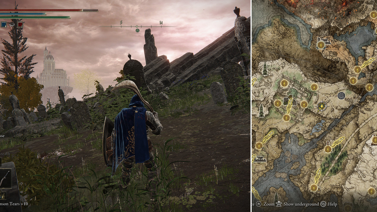 Split image showing the graveyard and map for the Behind Caria Manor Larval Tear location.