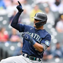 CLEVELAND, OH - SEPTEMBER 04: Julio Rodríguez #44 of the Seattle Mariners reacts after hitting a home run in the third inning during the game between the Seattle Mariners and the Cleveland Guardians at Progressive Field on Sunday, September 4, 2022 in Cleveland, Ohio.