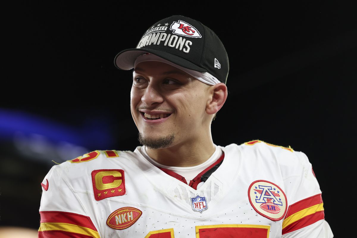 Patrick Mahomes of the Kansas City Chiefs reacts after the AFC championship game against the Baltimore Ravens at M&amp;T Bank Stadium on January 28, 2024 in Baltimore, Maryland.
