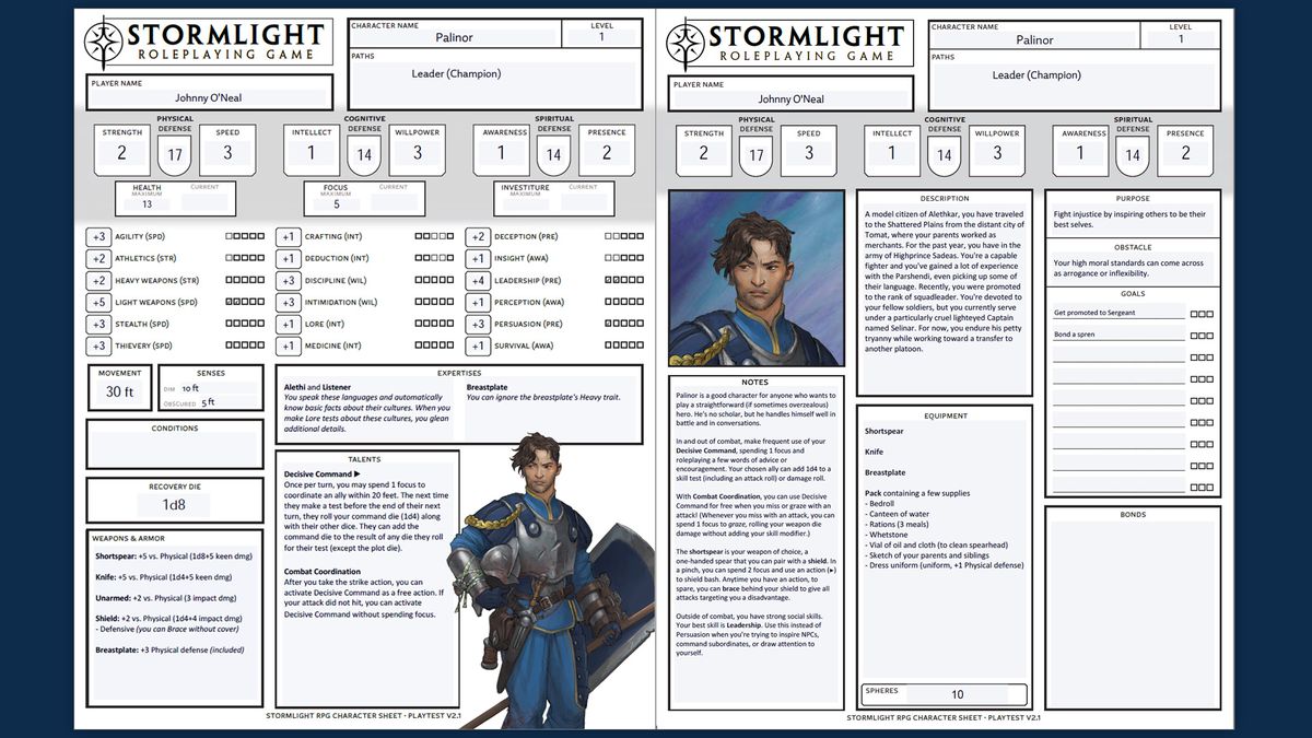 A sample two-sided character sheet from Stormlight Roleplaying Game featuring a leader (champion) created by Brotherwise’s Johnny O’Neal.