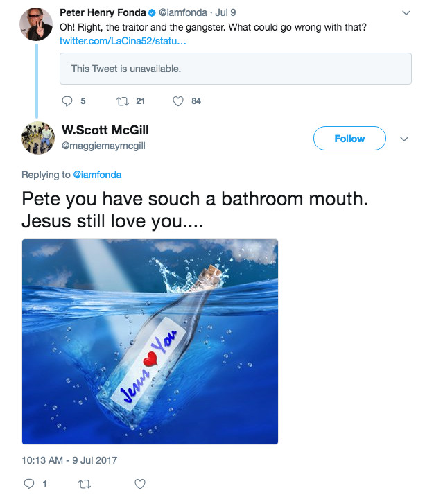 Screenshot of Scott McGill’s tweet at Peter Fonda with stock art of a message-in-a-bottle reading, “Jesus Loves You”