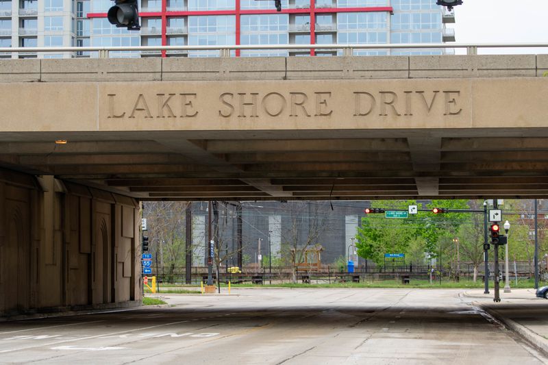 Lake Shore Drive, seen from the northbound on-ramp entrance at East 18th Drive.