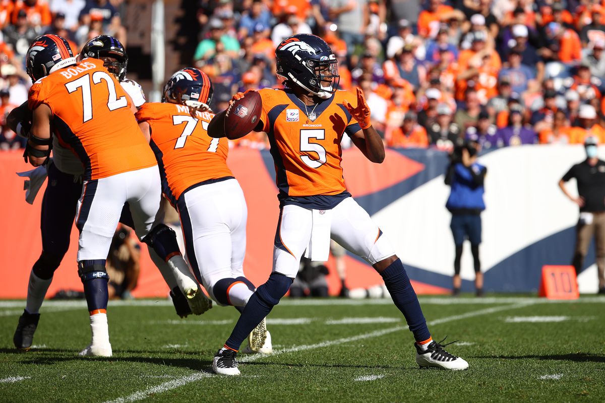 Teddy Bridgewater #5 of the Denver Broncos throws against the Baltimore Ravens at Empower Field At Mile High on October 3, 2021 in Denver, Colorado.