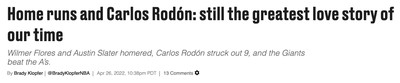 Headline reading “Home runs and Carlos Rodón, still the greatest love story of our time”