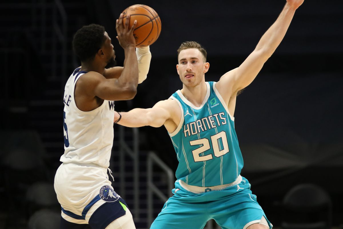 Gordon Hayward of the Charlotte Hornets plays defense during the game against the Minnesota Timberwolves on February 12, 2021 at Spectrum Center in Charlotte, North Carolina.