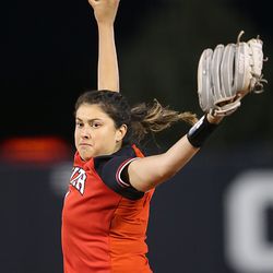 Utah's Sydney Sandez delivers a pitch as BYU and Utah play in a softball game at BYU in Provo on Wednesday, May 1, 2019. Utah won 11-2.