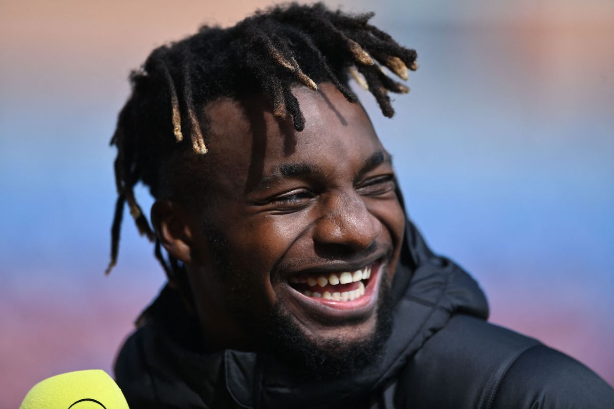 Saint-Maximin smiles whilst talking to the media after the Burnley game. 