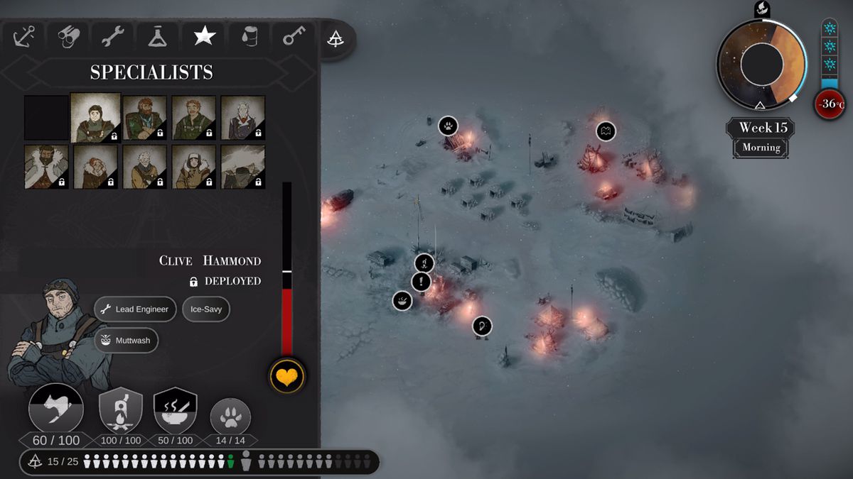 An overhead view of the camp in The Pale Beyond, with a menu denoting each specialist’s skills overlaid