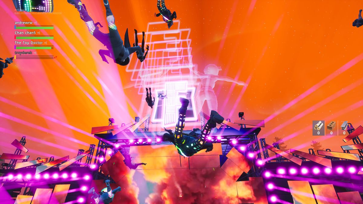 the stage came to life with building sized holograms of fortnite characters while a custom set of graphics played behind marshmello s avatar - fortnite concerto marshmello