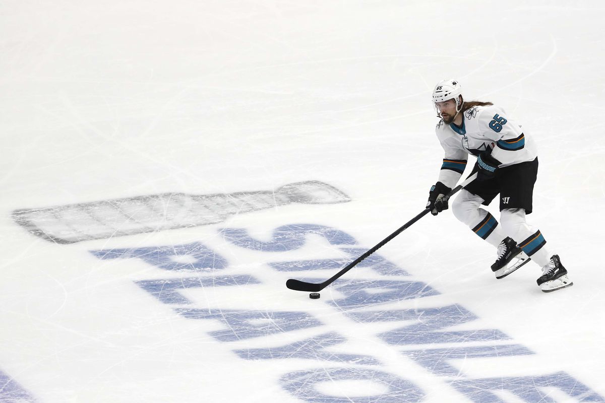 San Jose Sharks defenseman Erik Karlsson (65) skates with the puck during the first period in game three of the Western Conference Final of the 2019 Stanley Cup Playoffs against the St. Louis Blues at Enterprise Center.&nbsp;