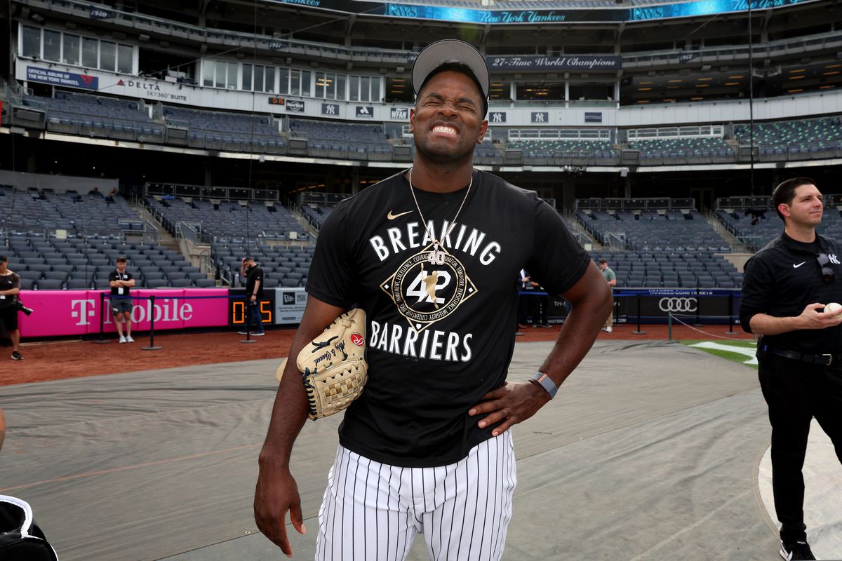 Luis Severino of the New York Yankees smiles before the game against the Tampa Bay Rays at Yankee Stadium on May 12, 2023, in New York, New York.