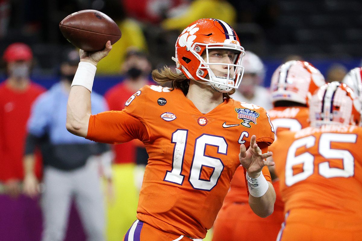 Trevor Lawrence of the Clemson Tigers passes against the Ohio State Buckeyes in the second half during the College Football Playoff semifinal game at the Allstate Sugar Bowl at Mercedes-Benz Superdome on January 01, 2021 in New Orleans, Louisiana.