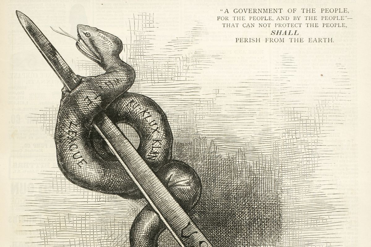 A cartoon from Harper’s in 1876, showing a bayonet (representing the federal government) impaling a snake labeled with “Ku Klux Klan” and “White League,” two white-supremacist groups engaging in terrorism and election violence.