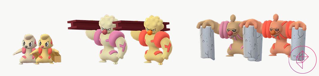 Shiny Timburr, Gurdurr, and Conkeldurr in Pokémon Go with their normal forms. They all turn a bit more golden with bright orange accents.