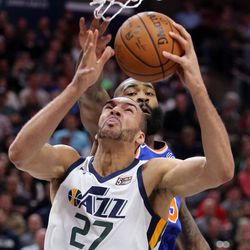 Utah Jazz center Rudy Gobert (27) shoots during a basketball game against the New York Knicks at the Vivint Smart Home Arena in Salt Lake City on Friday, Jan. 19, 2018.