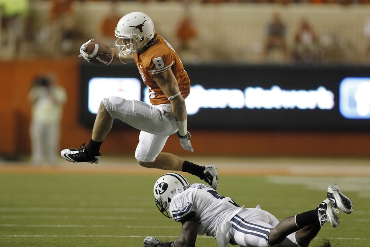 True freshman wide receiver Jaxon Shipley has helped produce a handful of the few big plays for the Texas offense this season.  (Photo by Erich Schlegel/Getty Images)