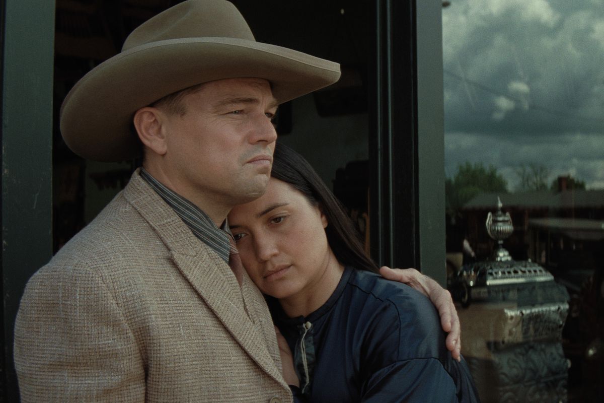 (L-R) Leonardo DiCaprio and Lily Gladstone in Killers of the Flower Moon.