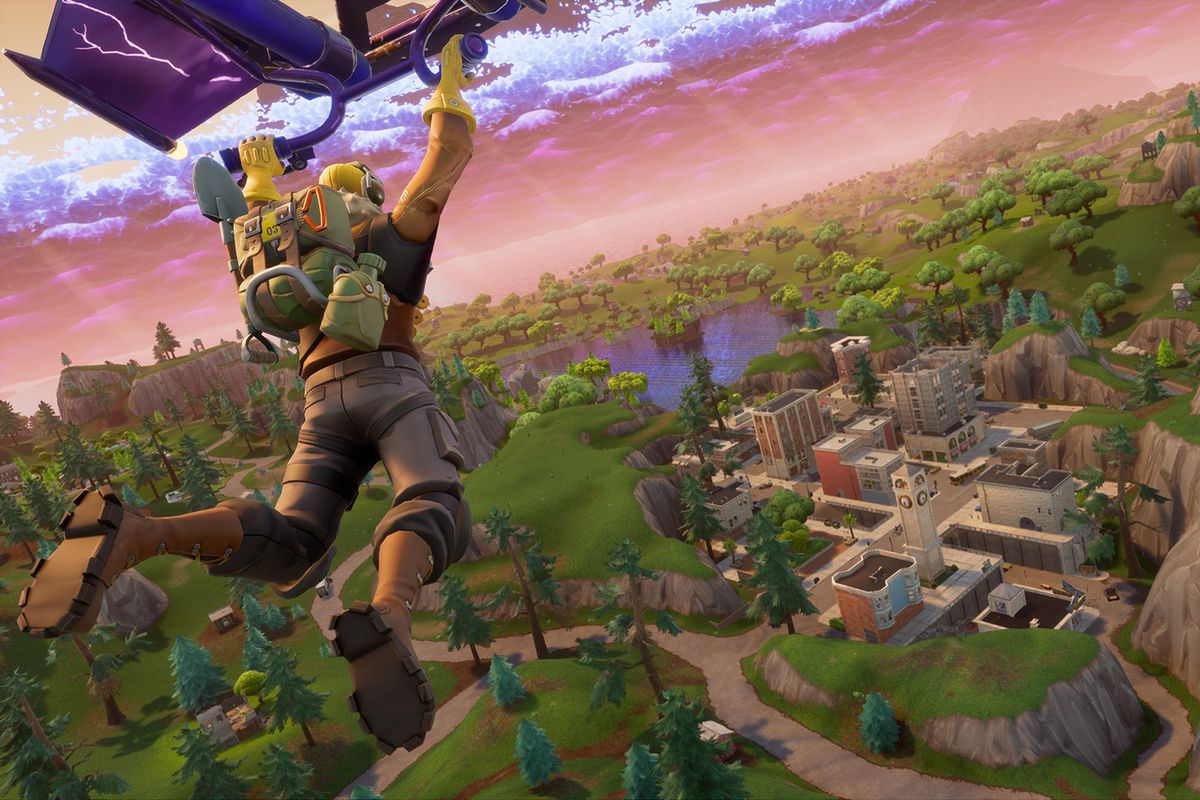Fortnite - a character rides a glider into a town