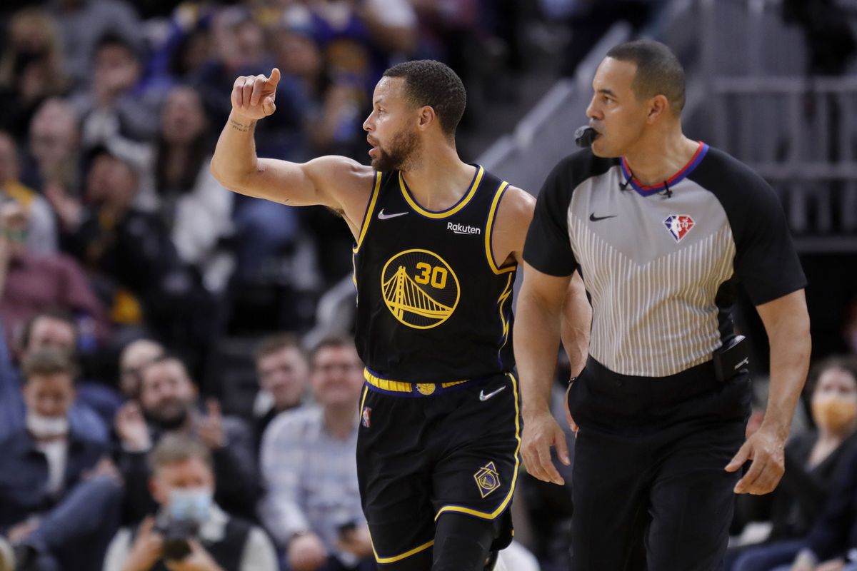 Golden State Warriors’ Stephen Curry #30 celebrates a 3-point basket in the fourth quarter of their NBA game against the Portland Trail Blazers at the Chase Center in San Francisco, Calif., on Wednesday, Dec. 8, 2021.