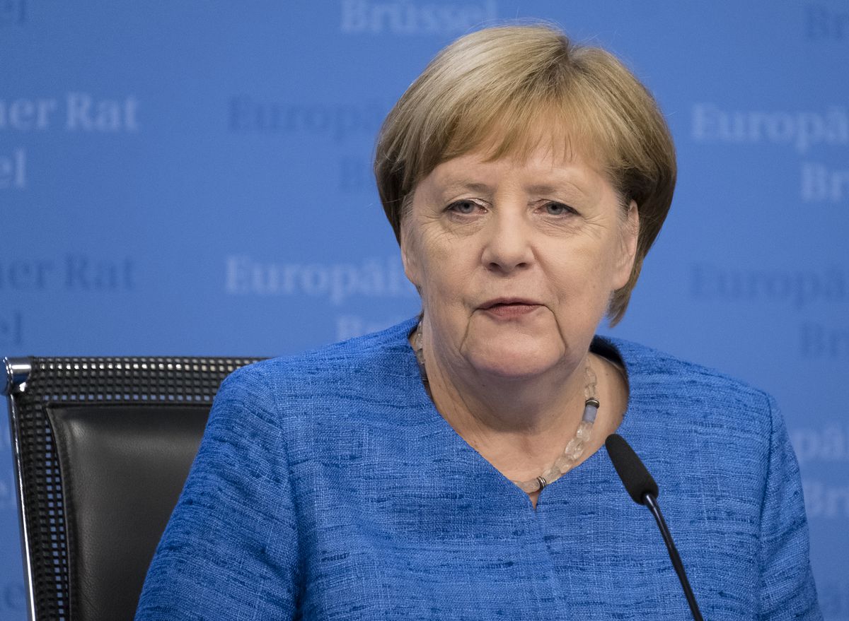 German Chancellor Angela Merkel talks to media at the end of an EU Prime Minister and Chief of State Summit on June 21, 2019 in Brussels, Belgium.
