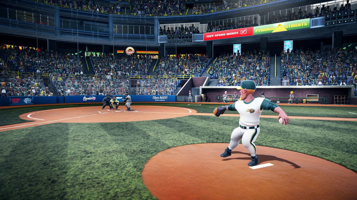 Super Mega Baseball 2 - shot from behind the mound with pitcher in the middle of his windup