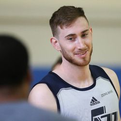 Utah Jazz forward Gordon Hayward (20) laughs after  practice at UCLA in Los Angeles on Monday, April 17, 2017.