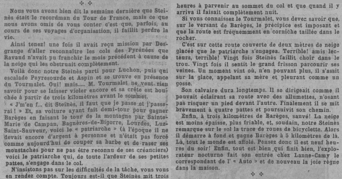 Even by 1924 the story of Steinès’s night on the mountain was changing in subtle ways as this version, from an issue of ‘La Pédale’ shows.