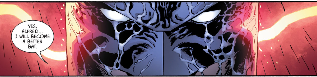 A rain-covered Batman scowls at the viewer, saying “Yes, Alfred... I will become a better bat.” in Batman #94, DC Comics (2020). 