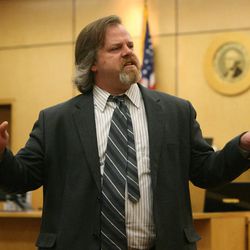Defense attorney Travis Currie gives his closing arguments in front of Judge Ronald E. Culpepper in the Steven Powell trial in the Pierce County Superior Court in Tacoma, Wash., Tuesday, May 15, 2012.