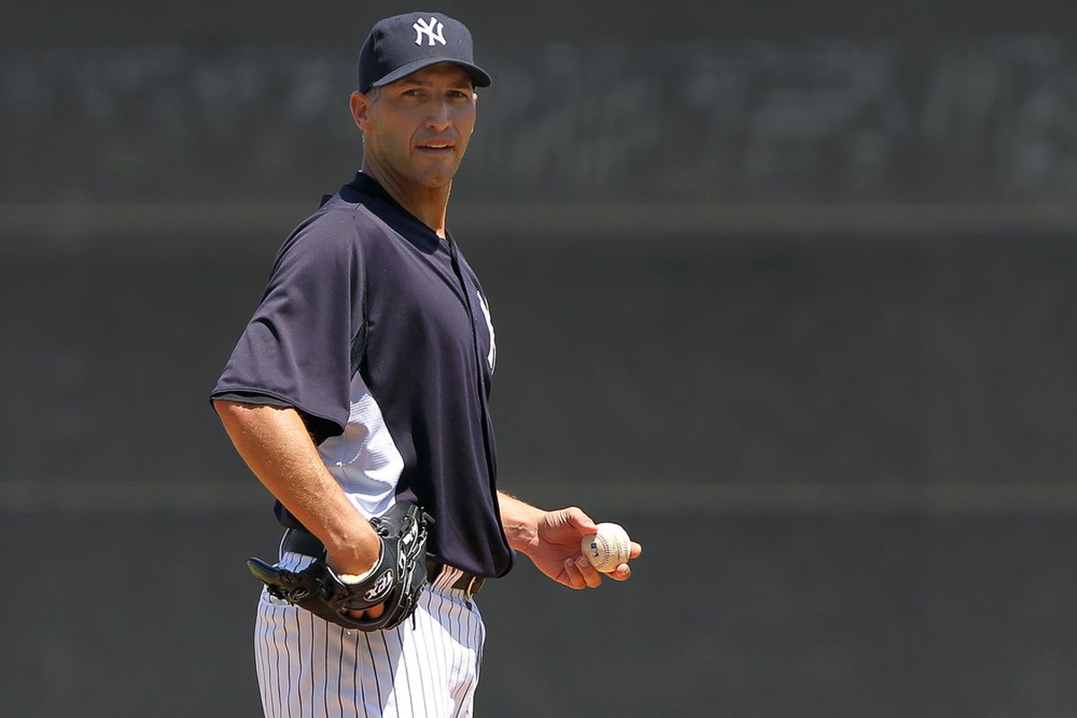 April 4, 2012; Tampa, FL, USA; New York Yankees starting pitcher Andy Pettitte (46) gets ready to throw a pitch in the sixth inning against the New York Mets at George M. Steinbrenner Field. Kim Klement-US PRESSWIRE