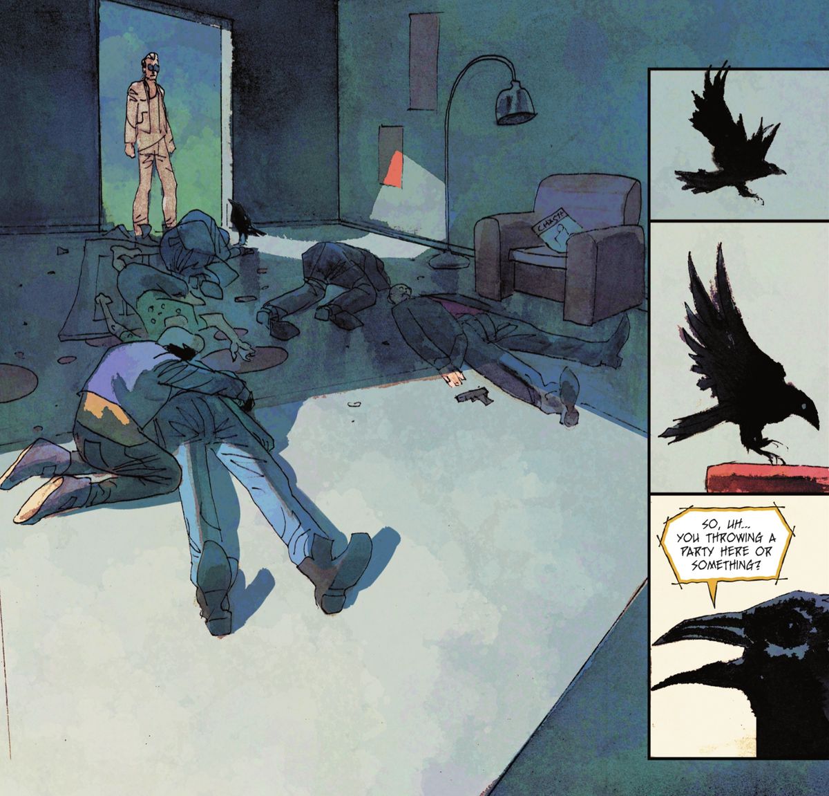 The Corinthian stands in a room full of bloody people on the floor. Matthew the Raven looks at him, then silently flies up to sit on the arm of an armchair. “So, um... You throwing a party here or something?” he says, in Sandman Universe: Nightmare Country #5 (2022). 