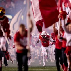The Utah Utes take the field before the game against the Washington State Cougars at Rice-Eccles Stadium in Salt Lake City on Saturday, Sept. 28, 2019.