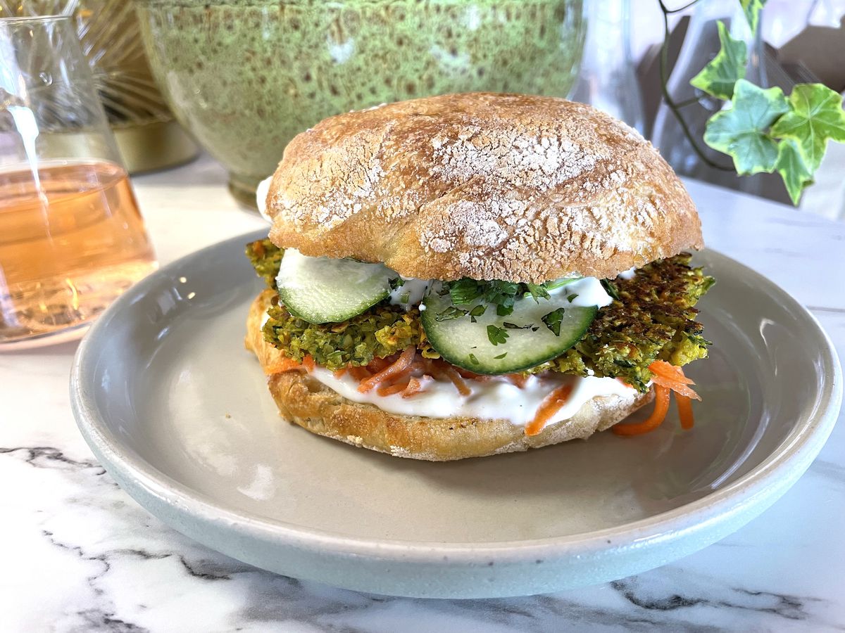La Fillette’s falafel sandwich with banh mi–style pickled veggies on ciabatta