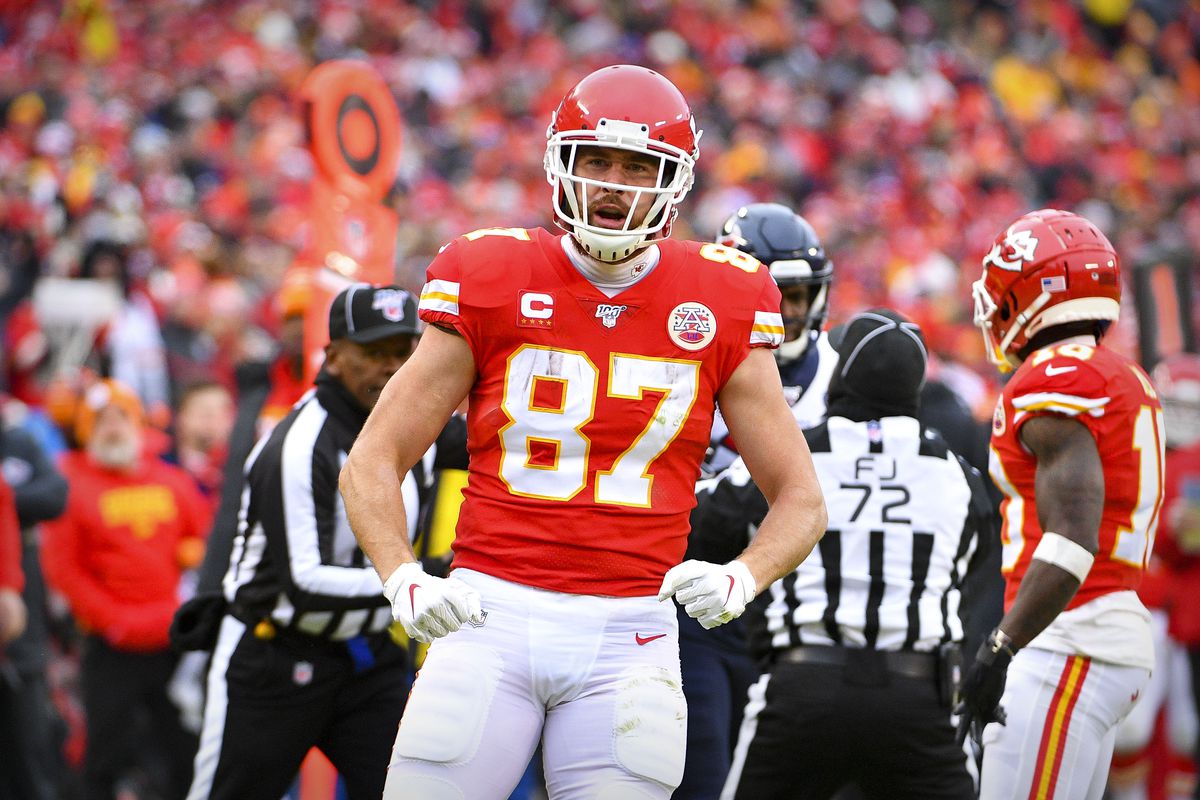 Kansas City Chiefs tight end Travis Kelce celebrates during the second quarter against the Houston Texans in a AFC Divisional Round playoff football game at Arrowhead Stadium.
