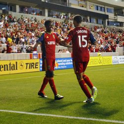RSL's Alvaro Saborio celebrates with teammate Olmes Garcia after scoring a goal as Real Salt Lake and the Carolina RailHawks play in the U.S. Open Cup on Wednesday, June 26, 2013 at Rio Tinto Stadium in Sandy. RSL beat Carolina 3-0.